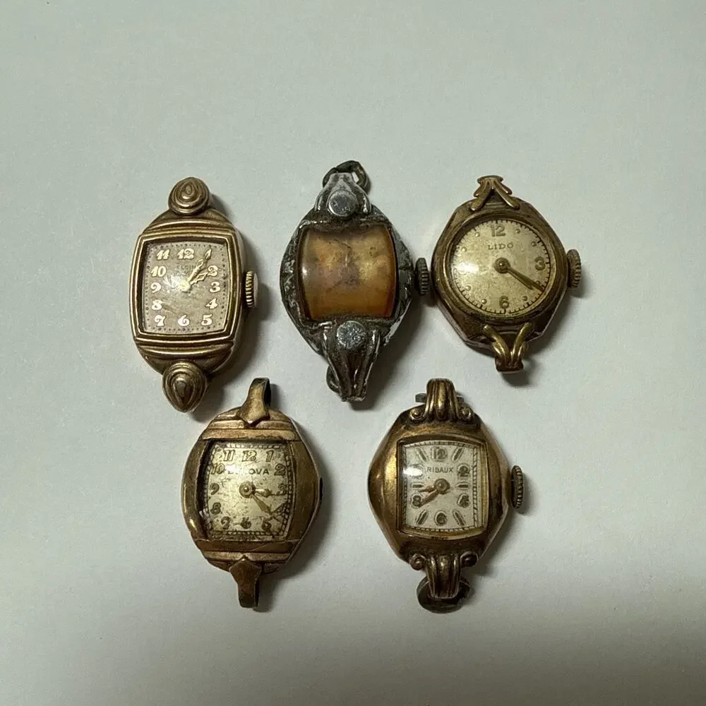 Vintage 5 Mechanical Wind-Up Watch Parts, Bulova, Lido,Ribaux, Elgin L2